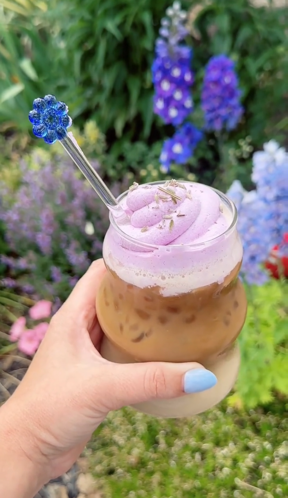 lavender iced latte with purple cold foam