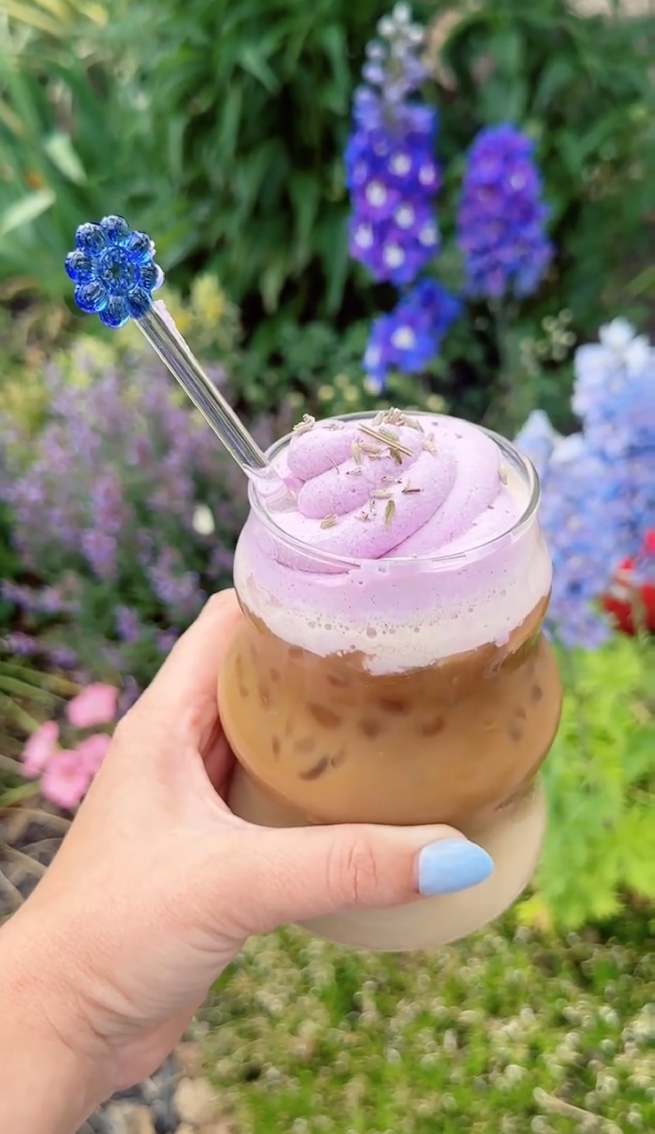 lavender iced latte with purple cold foam
