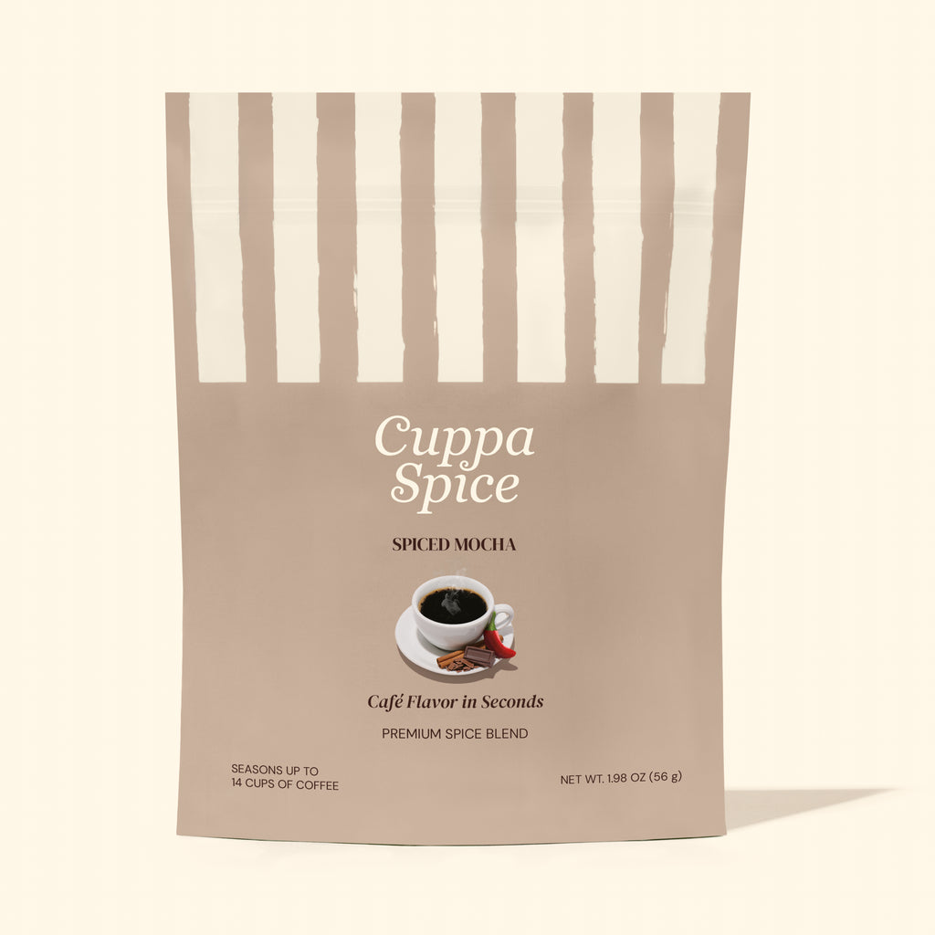 Cuppa Spice spiced mocha coffee package with striped design on a white background