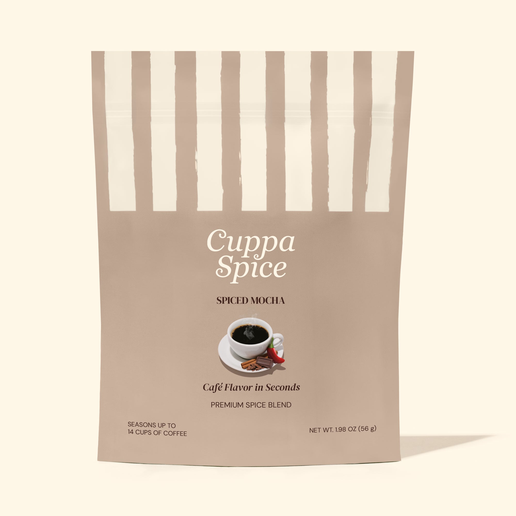 Cuppa Spice spiced mocha coffee package with striped design on a white background