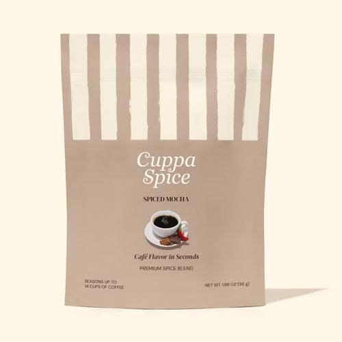 Cuppa Spice spiced mocha coffee package with striped design on a white background