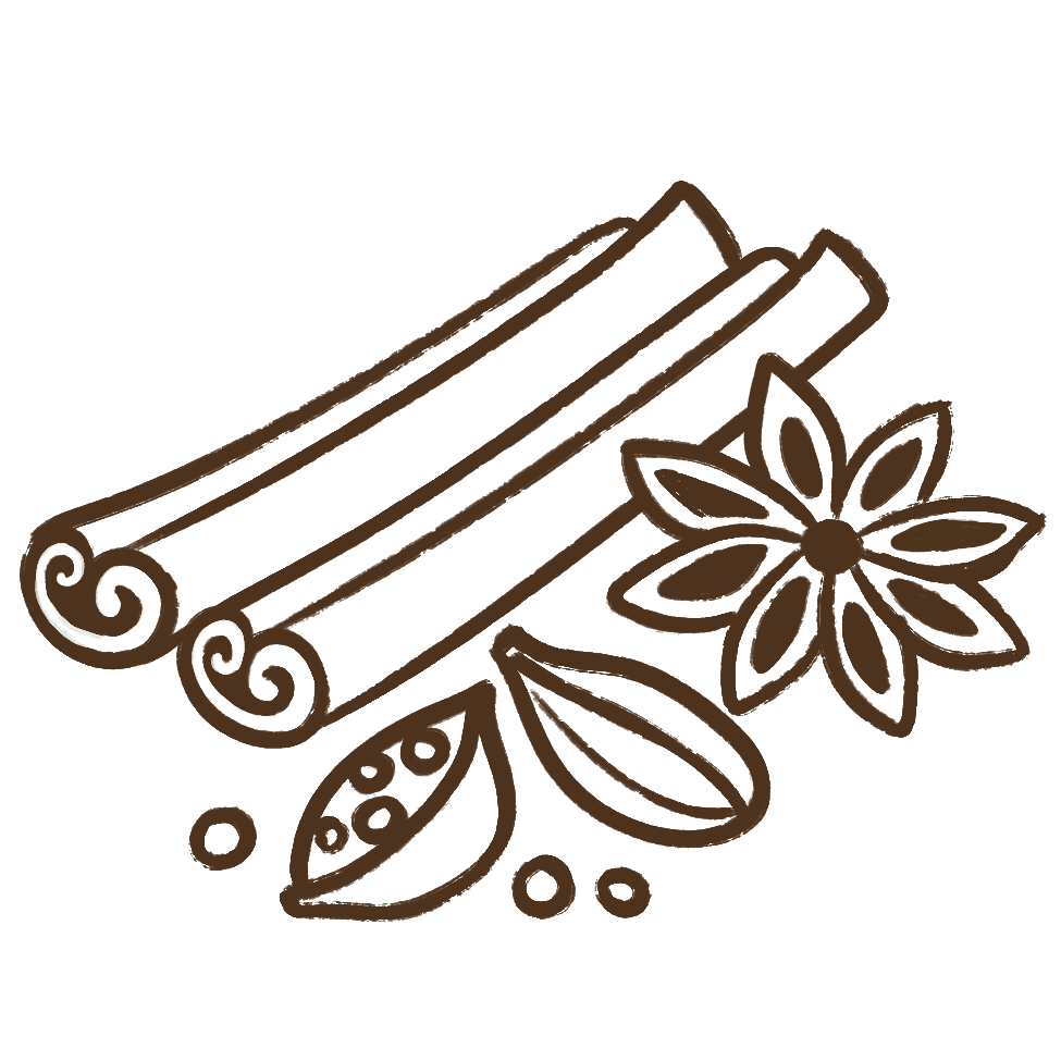 Illustration of cinnamon sticks, star anise, and cardamom pods on a white background