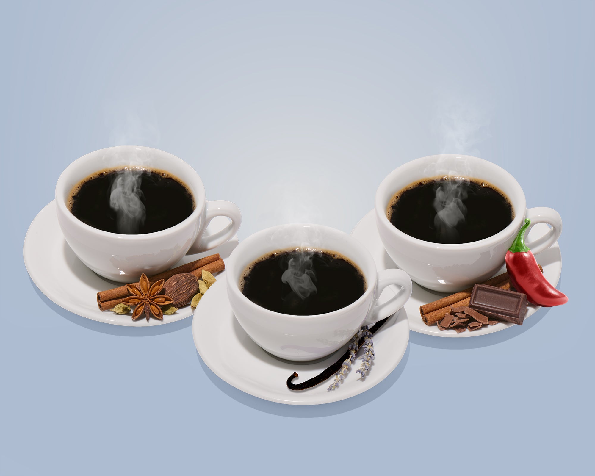 Three white cups of coffee with spices on a light blue background