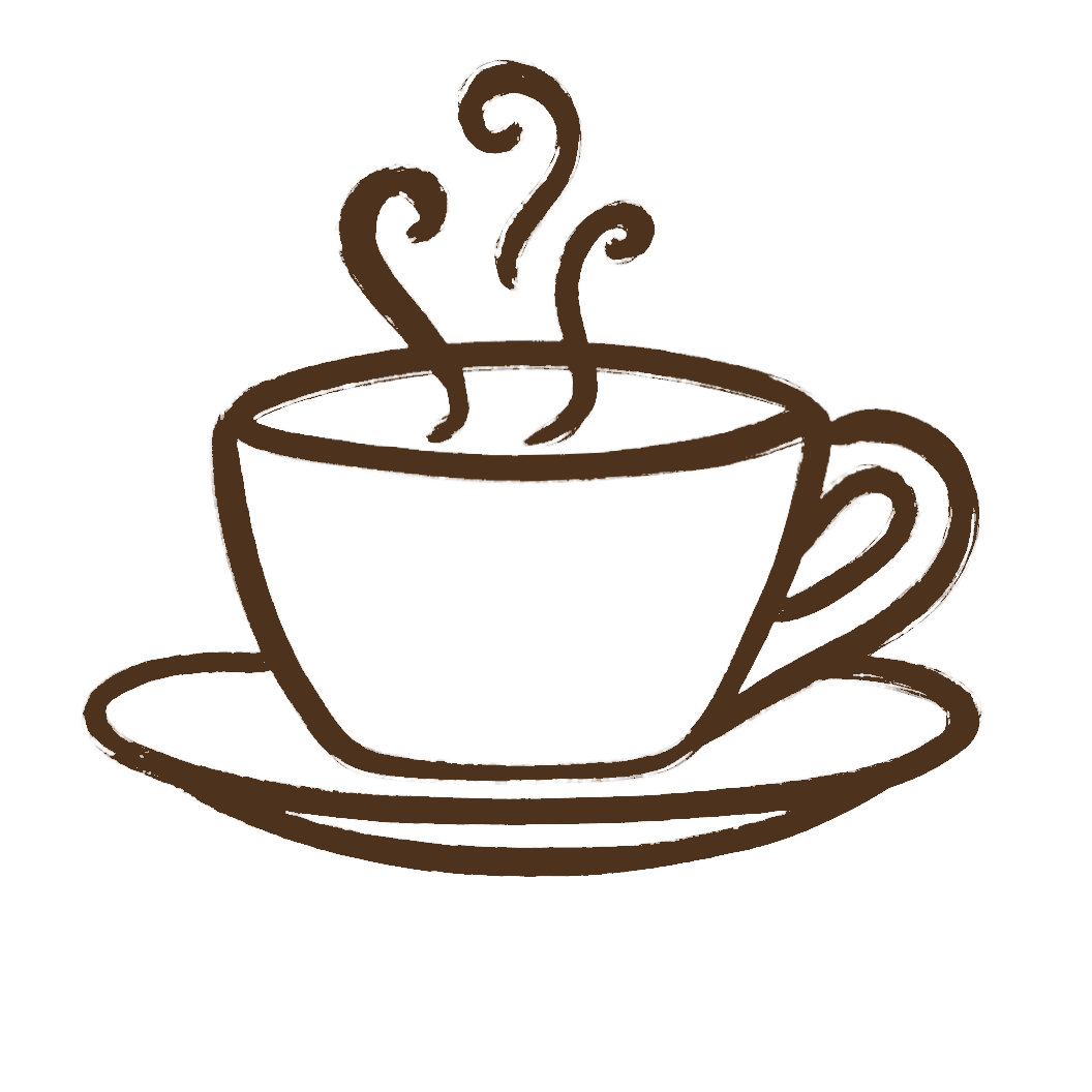 Brown line drawing of a steaming coffee cup on a white background